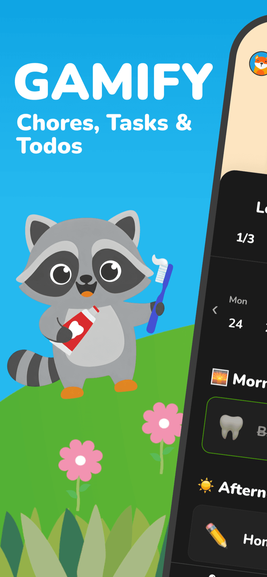 Raccoon Kids app screen showing a kid's daily chore list with morning and afternoon tasks and coin values