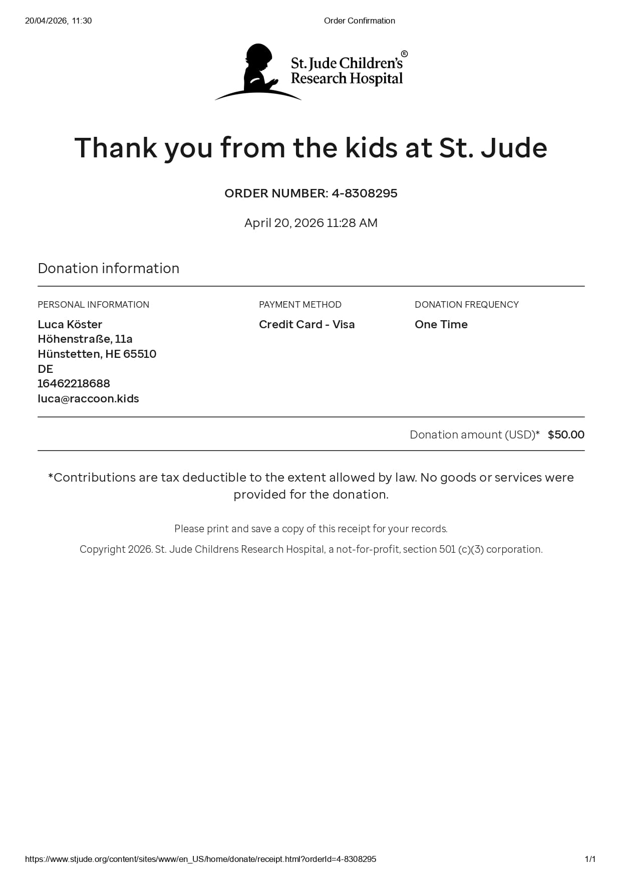 Donation receipt — St. Jude Children’s Research Hospital